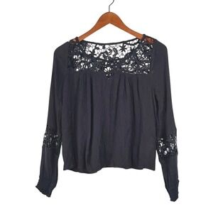 Hollister Black Crochet Lace Floral Panel Long Sleeve Top Fairy Grunge Y2K Small